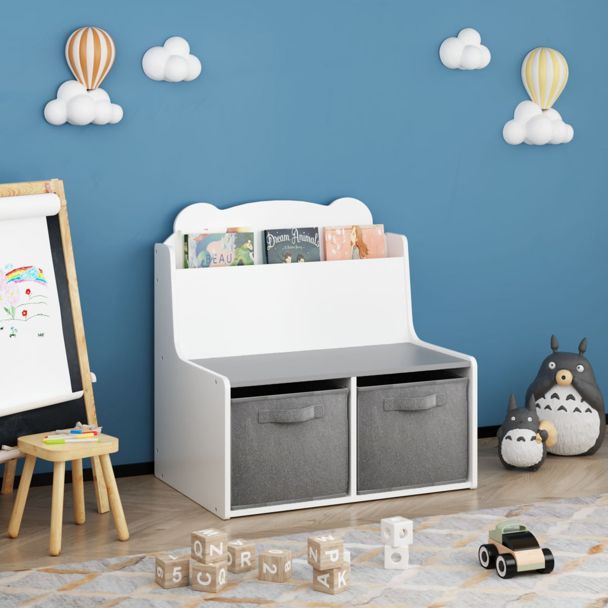 MOONRIVER White Bookshelf With Storage Bins and Bear-Shaped Backboard - view 4