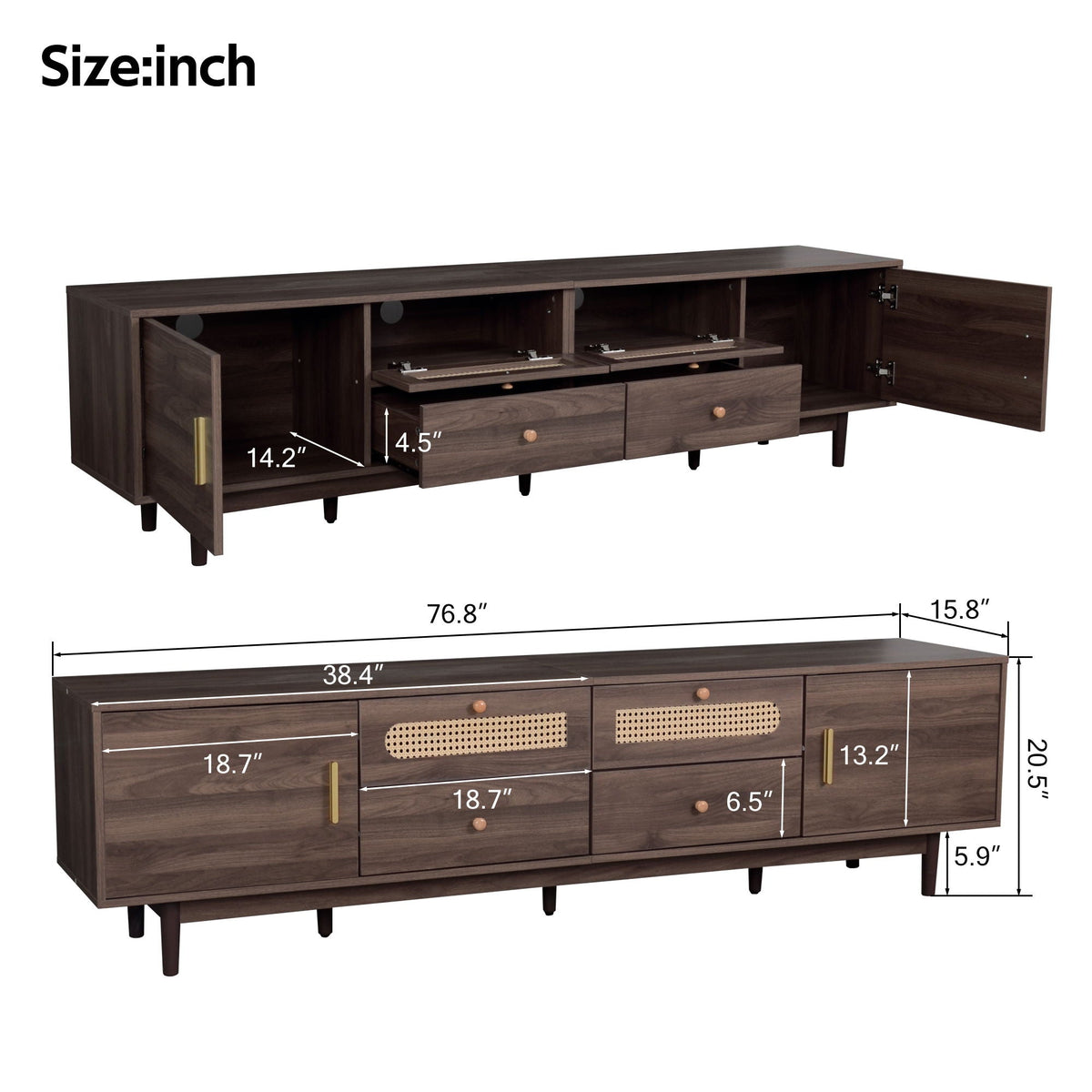 MRS Dark Brown Wood TV Stand with Drawers and Rattan Accents - view 2
