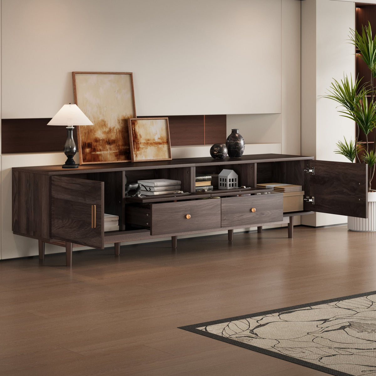 MRS Dark Brown Wood TV Stand with Drawers and Rattan Accents - view 3