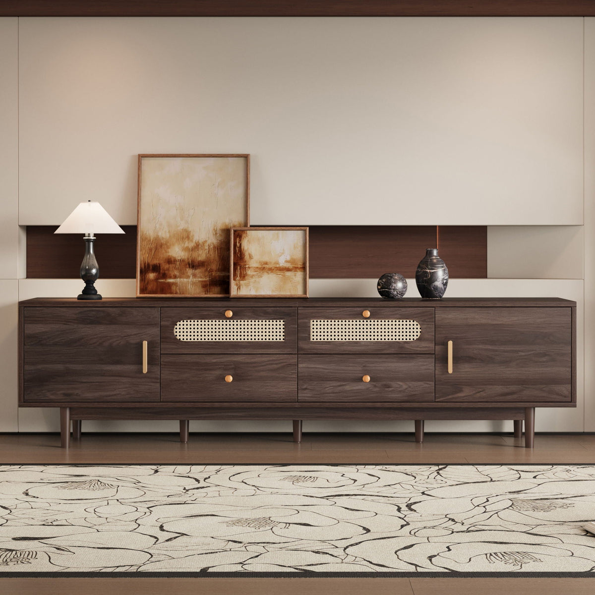 MRS Dark Brown Wood TV Stand with Drawers and Rattan Accents - view 4