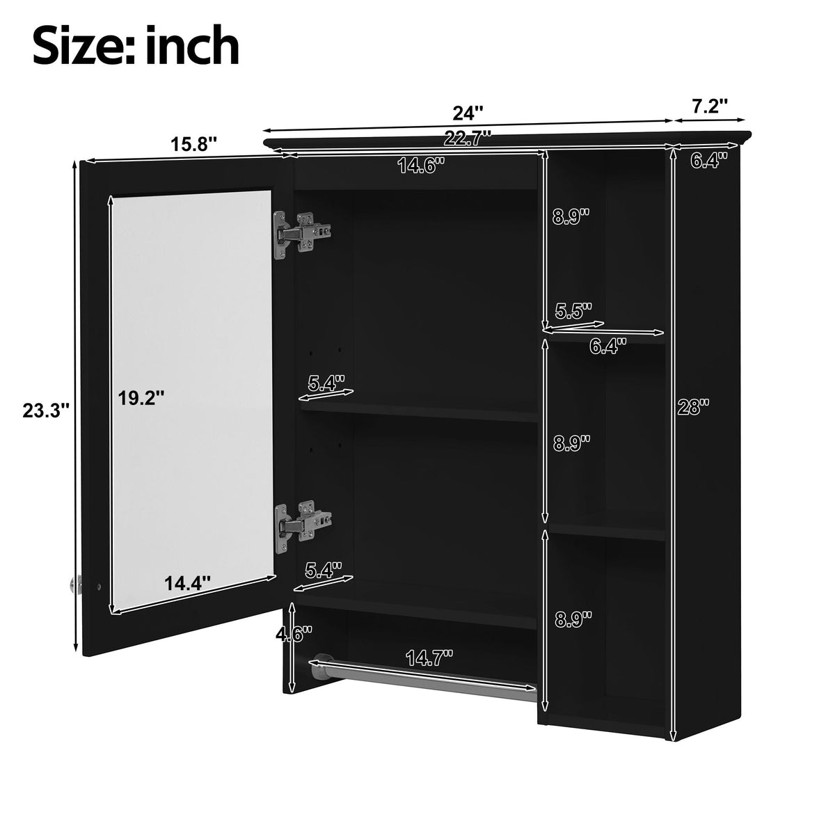 MRS Modern 3 In 1 Bathroom Mirror Cabinet with Adjustable Shelf and Towel Bar - view 2