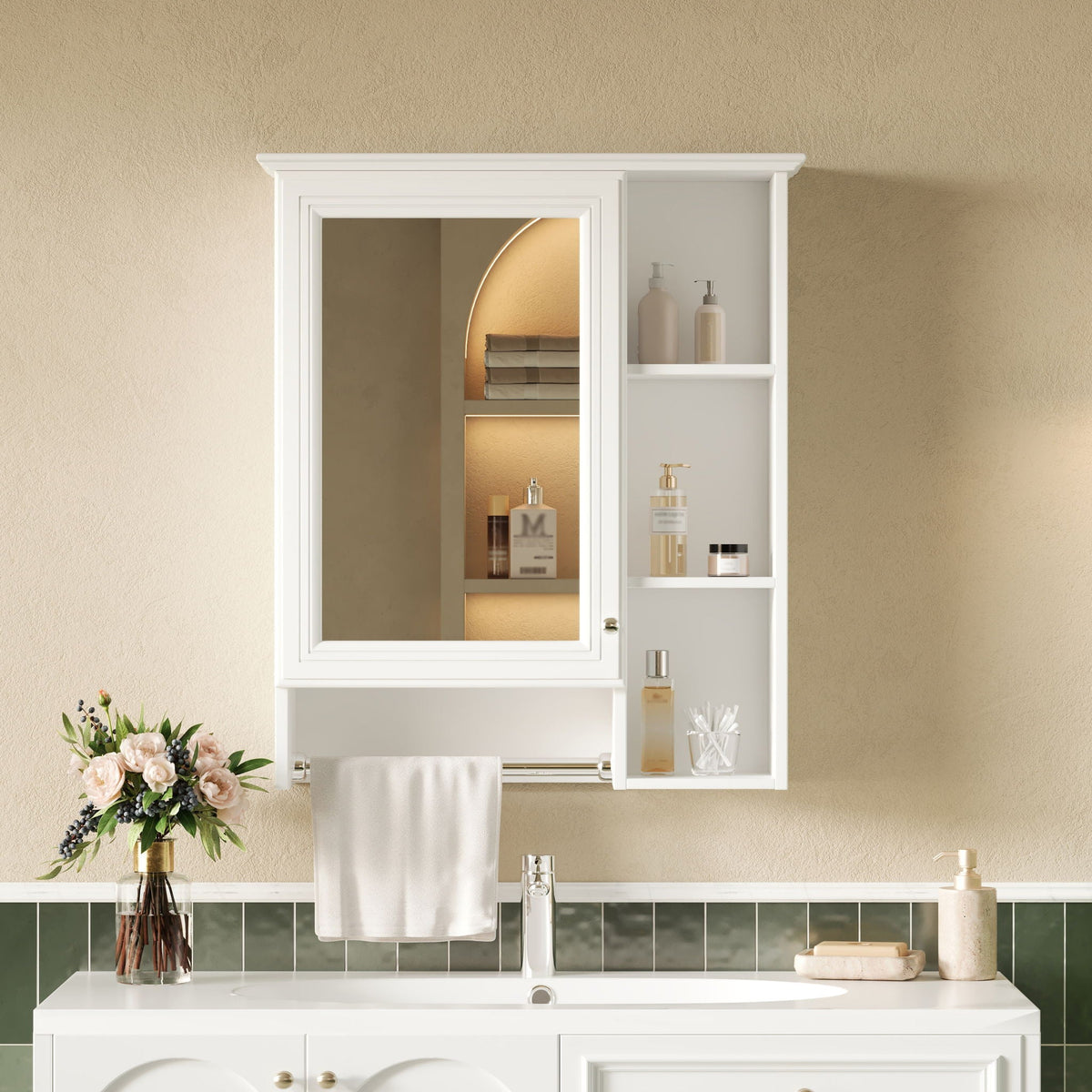 MRS Modern 3 In 1 Bathroom Mirror Cabinet with Adjustable Shelf and Towel Bar - view 3