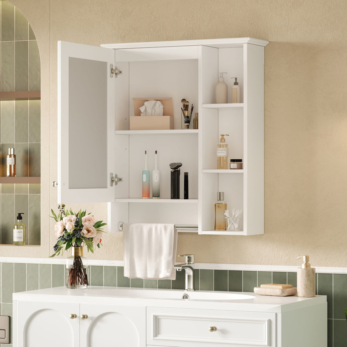 MRS Modern 3 In 1 Bathroom Mirror Cabinet with Adjustable Shelf and Towel Bar - view 5