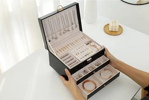 3 Layer Leather Jewelry Box Organizer Case with Compartments 23x17cm