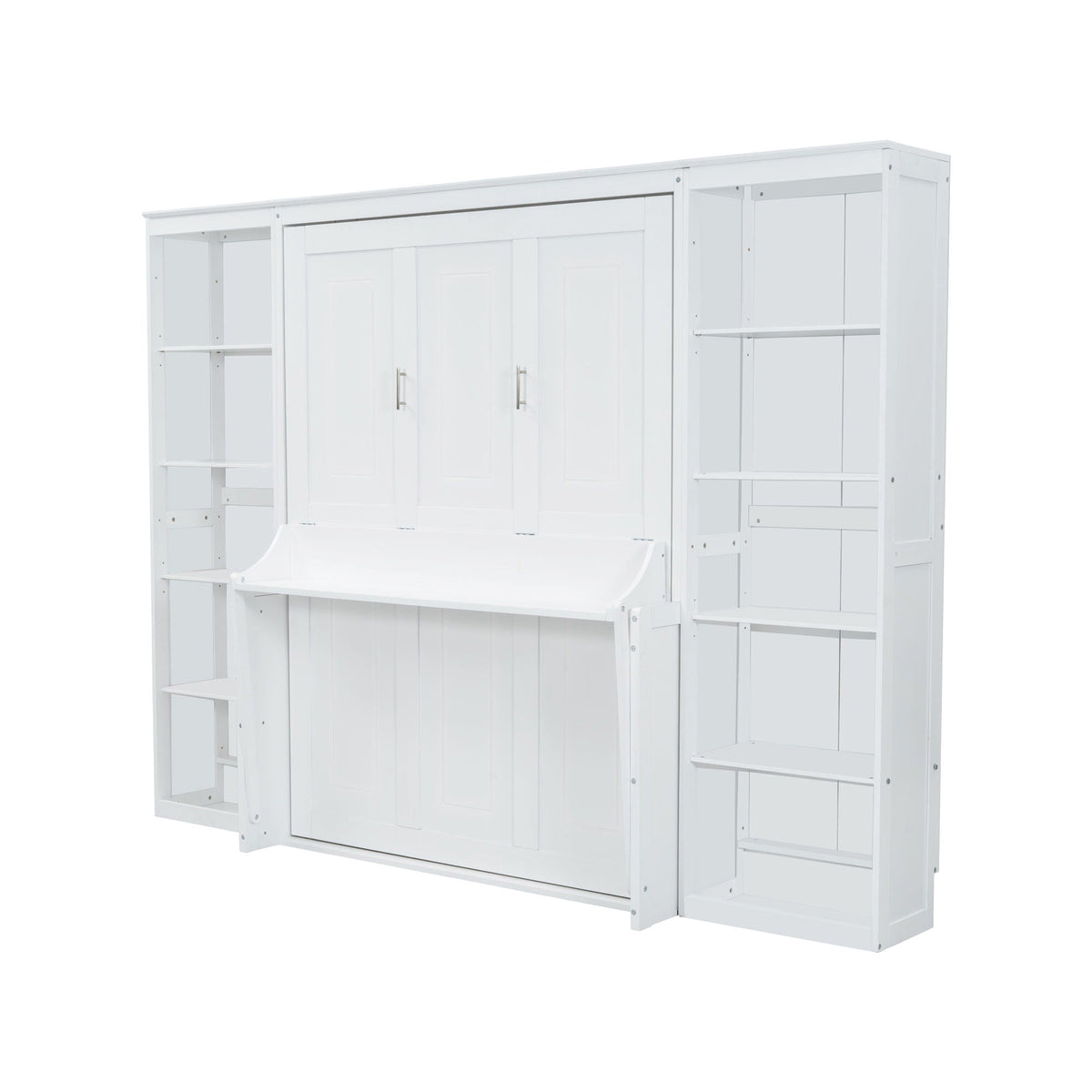 Murphy Bed With Desk and Bookshelf with Solid Pine Wood in White