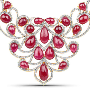 160.14 Carat Glass Filled Ruby and White Diamond .925 Sterling Silver Necklace