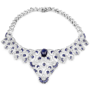 40.93 Carat Genuine Glass Filled Sapphire and White Diamond .925 Sterling Silver Necklace