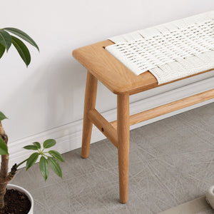 Natural Oak Wood Dining Bench with Handwoven Cane Seat - view 4