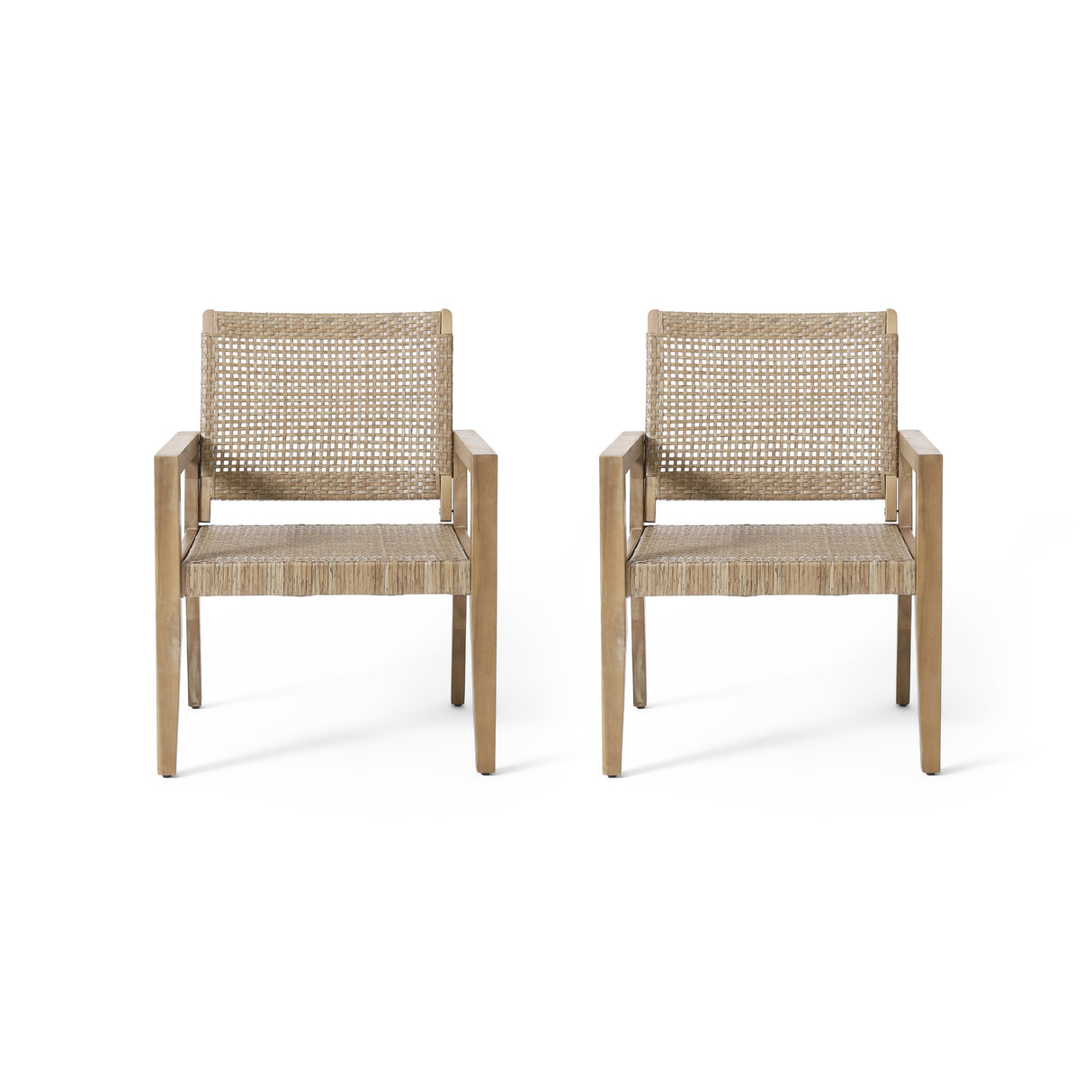 Outdoor Wicker and Acacia Wood Club Chairs - Set of 2