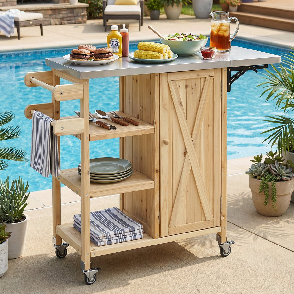 Omni Furniture Foldable Outdoor Kitchen Island with Stainless Steel Top and Storage