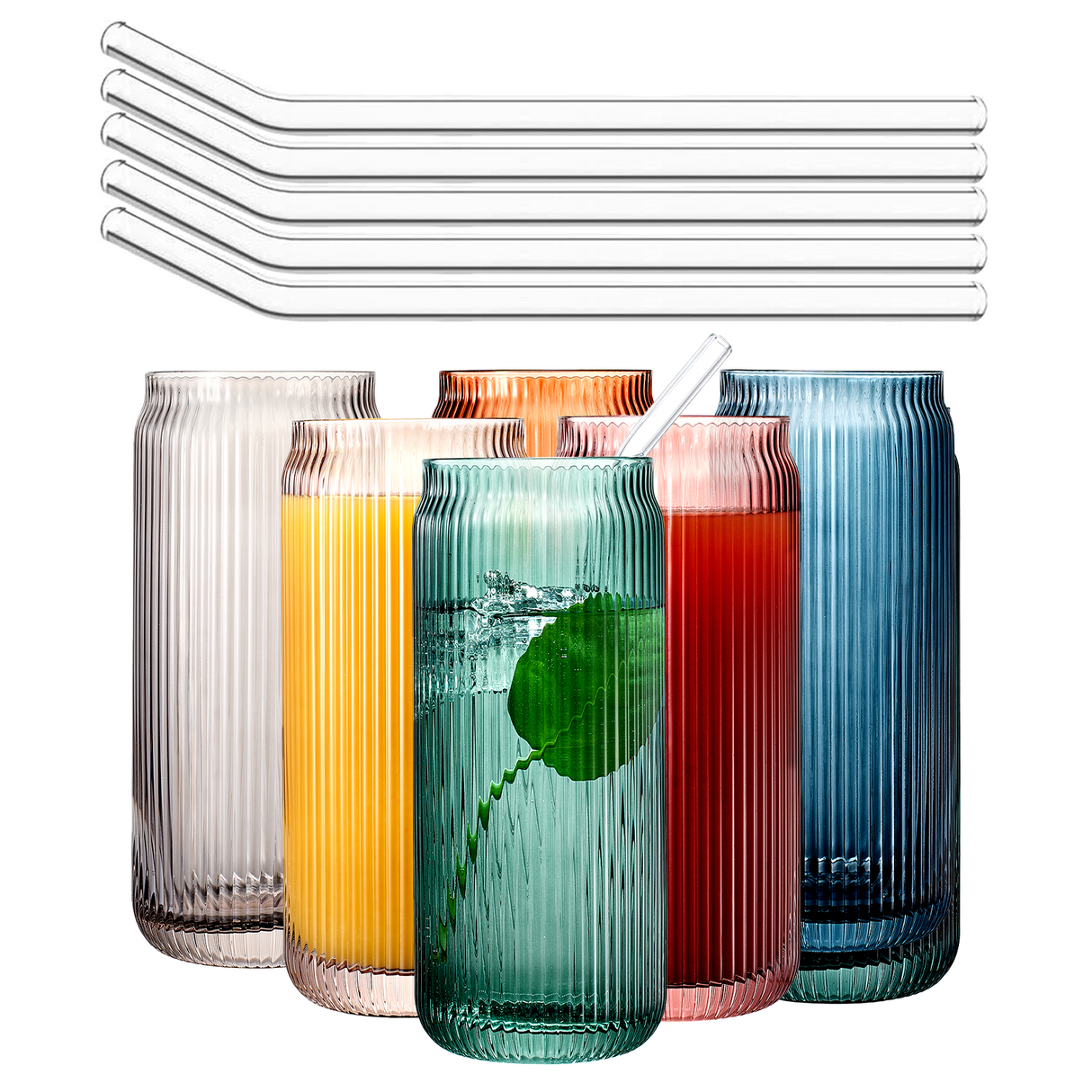Tonal Ribbed Soda Can Highball Glassware & 6 Glass Straws, Set of 6