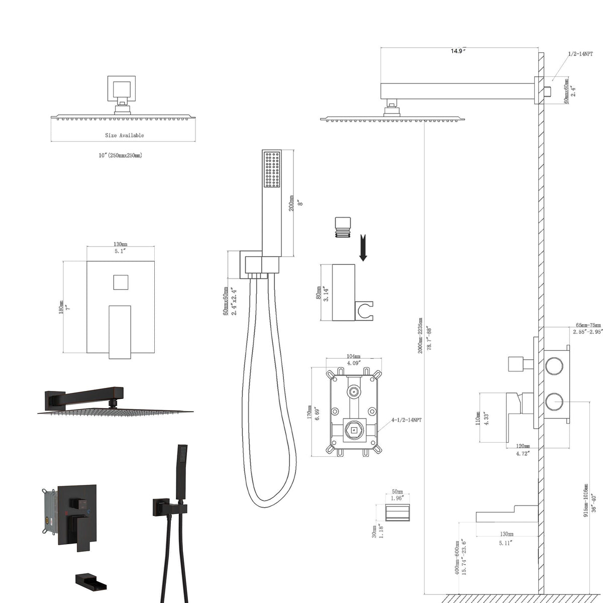 Oumuch 10-Inch Wall Mounted Square Shower System with Rough In Valve - view 4