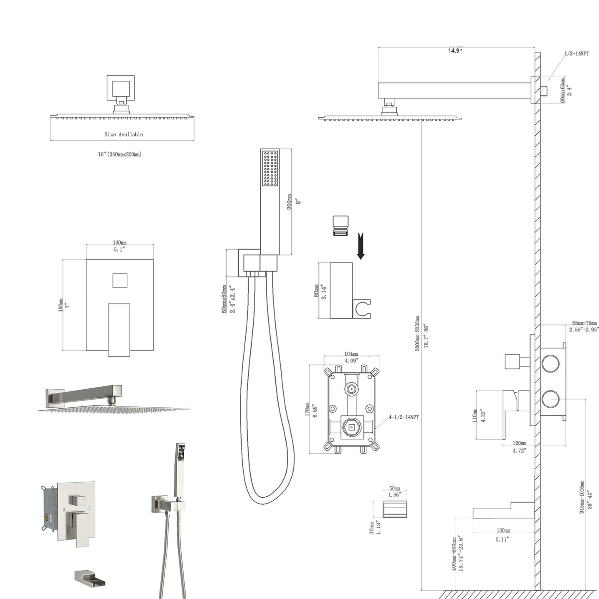 Oumuch 10-Inch Wall Mounted Square Shower System with Rough In Valve - view 6
