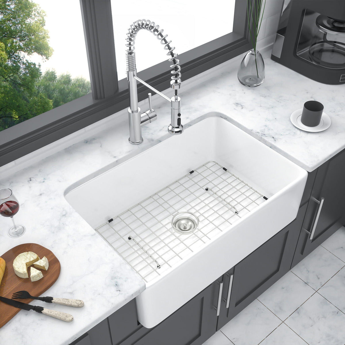 Oumuch Apron Front Reversible Single Bowl Kitchen Sink with Grid and Strainer - view 4