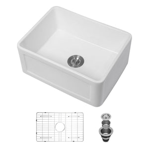 Oumuch Apron Front Reversible Single Bowl Kitchen Sink with Grid and Strainer in White
