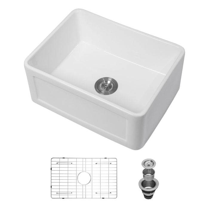 Oumuch Apron Front Reversible Single Bowl Kitchen Sink with Grid and Strainer in White
