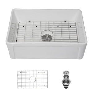 Oumuch Apron Front Reversible Single Bowl Kitchen Sink with Grid and Strainer in White - view 2