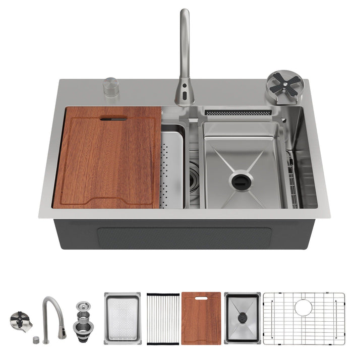Oumuch Drop In Waterfall Kitchen Sink with Pull-Out Faucet & Cup Washer in Gray