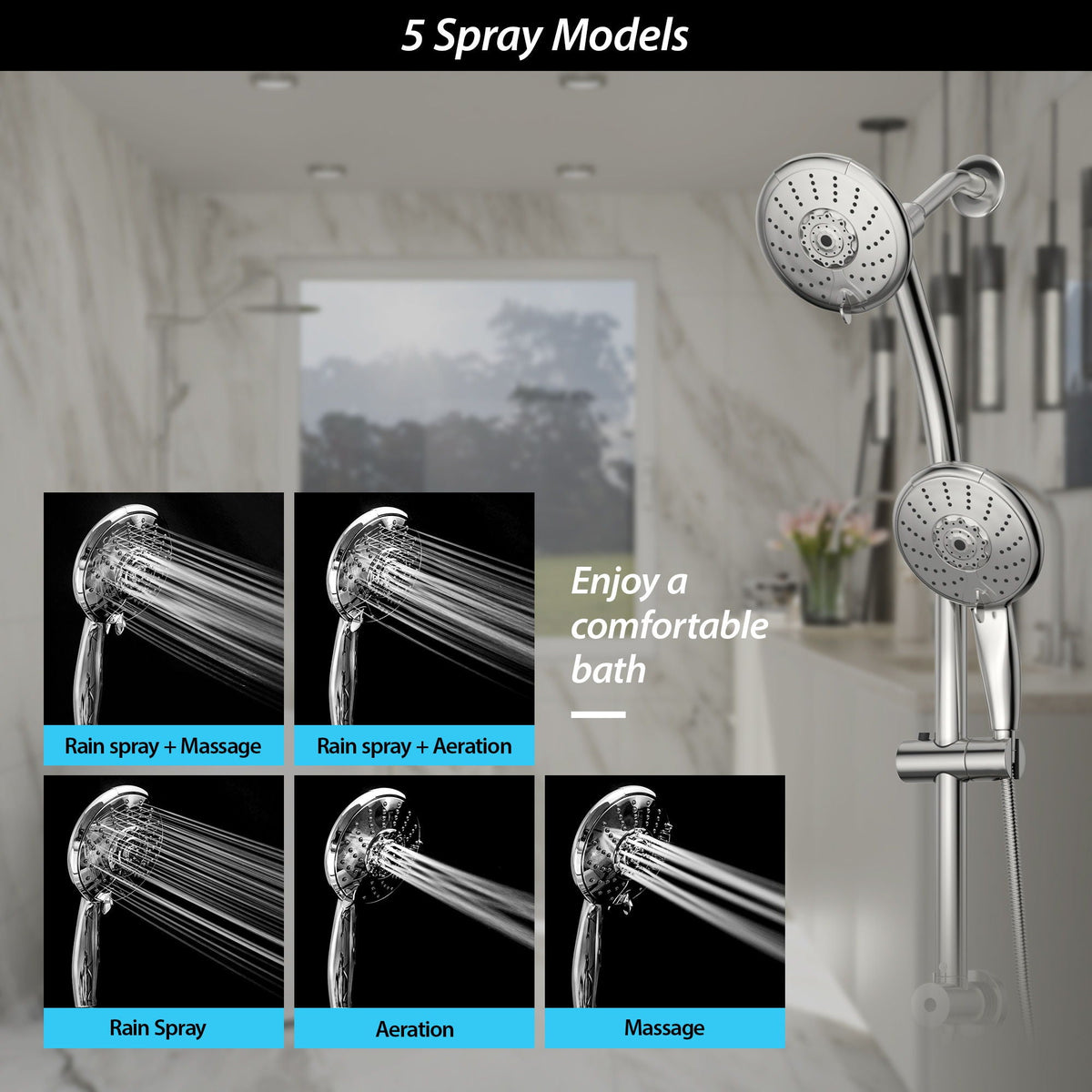 Oumuch Dual Shower Head with Adjustable Slide Bar and Multi Function Settings - view 6