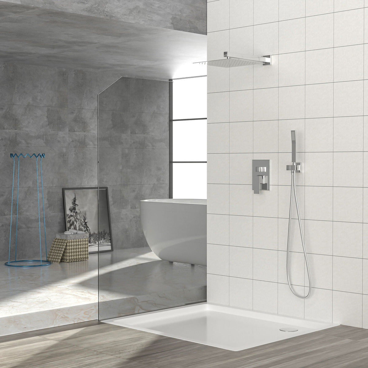 Oumuch Dual Shower Head System with 12" Square Rain Shower and Valve - view 5