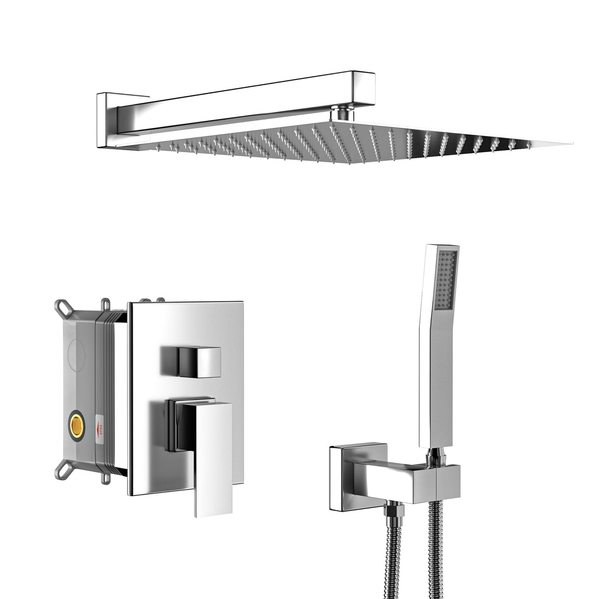 Oumuch Dual Shower Head System with 12" Square Rain Shower and Valve in Pearl Silver