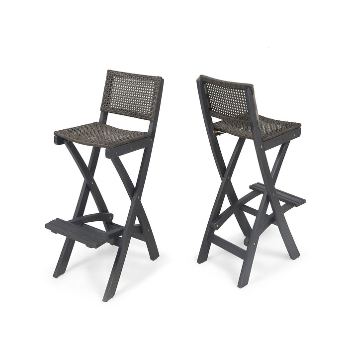 Outdoor Folding Acacia Wood Barstools with Rattan Seat in Dark Gray
