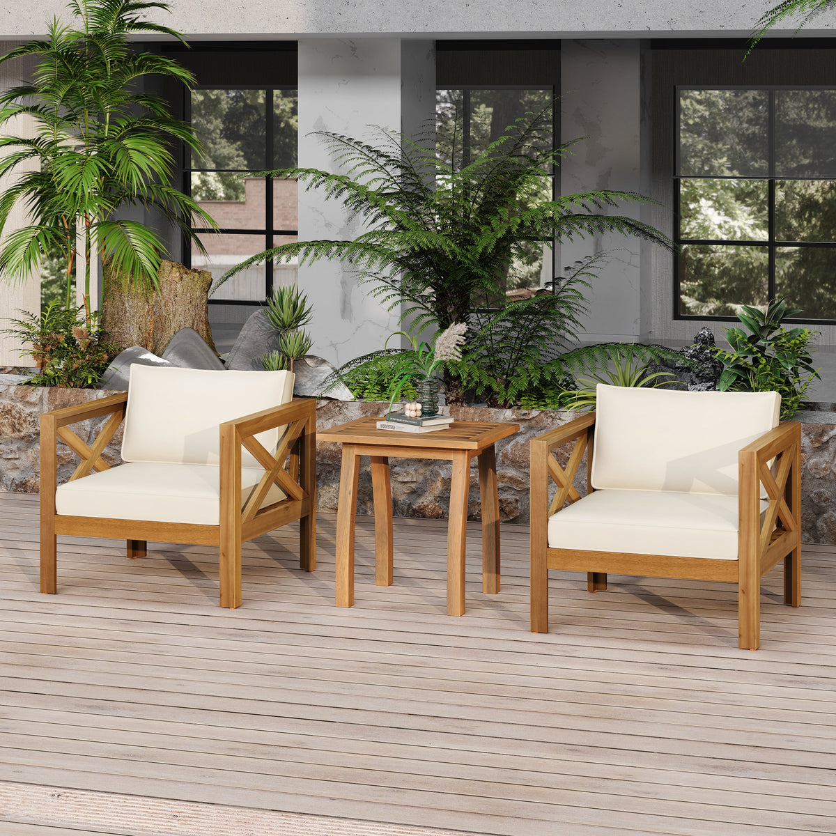 Patio Conversation Set with Acacia Wood Armchairs and End Table - view 2