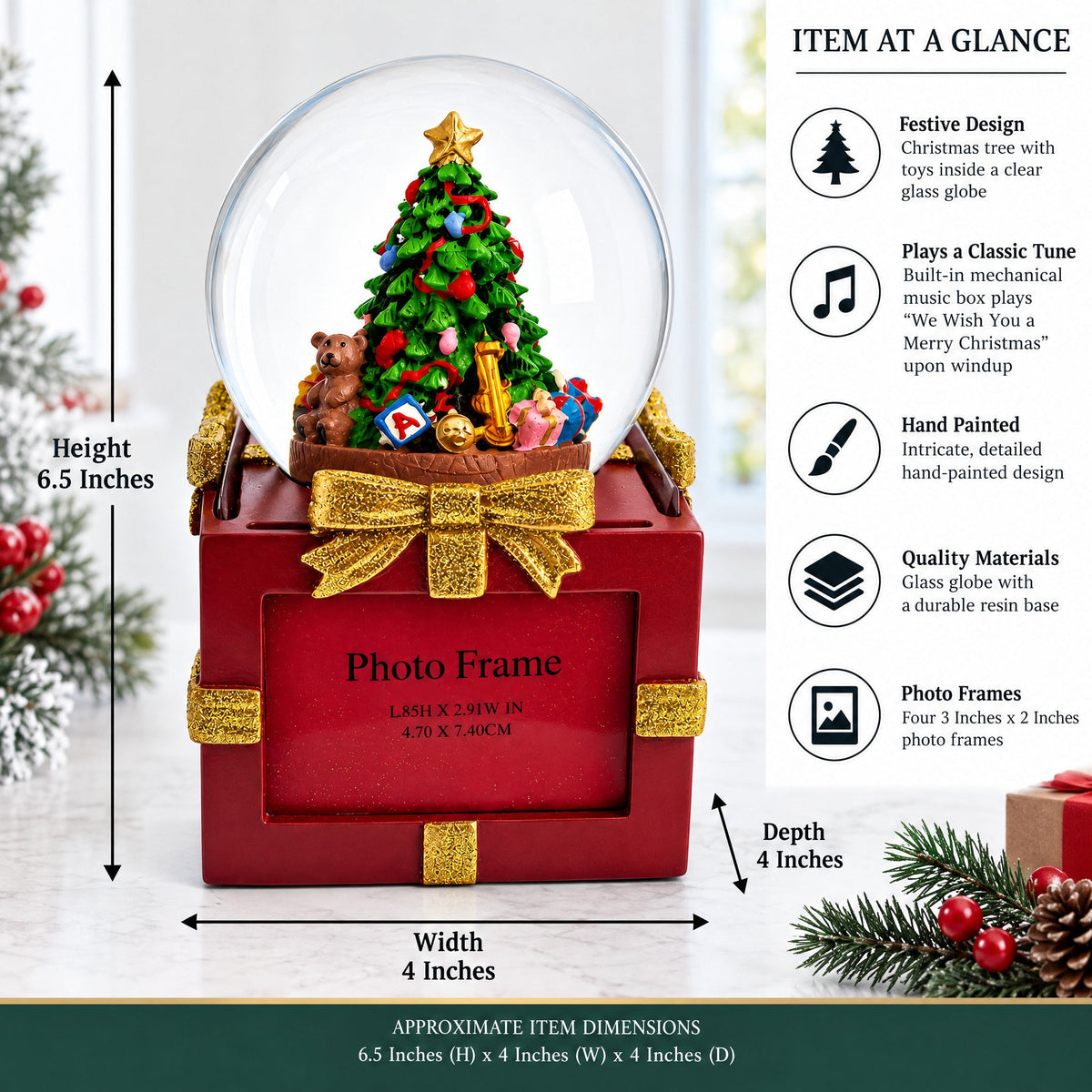 Four-Sided Picture Frame Christmas Tree Musical Water Snow Globe