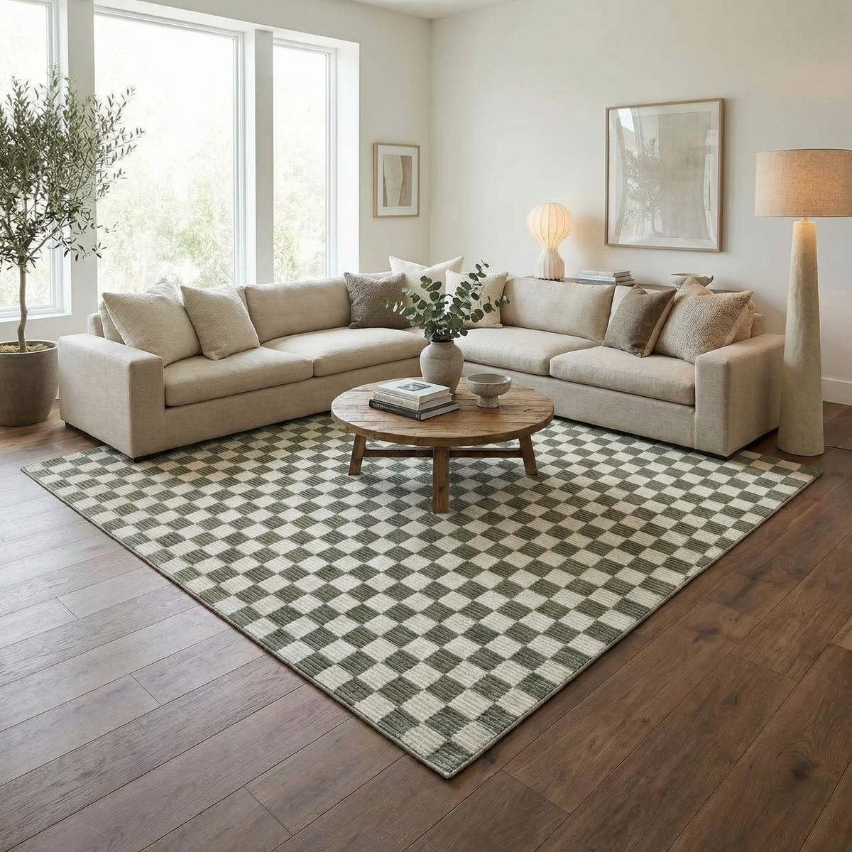 Kaysar Olive Green Checkered Washable Area Rug