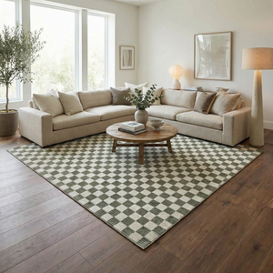 Kaysar Olive Green Checkered Washable Area Rug
