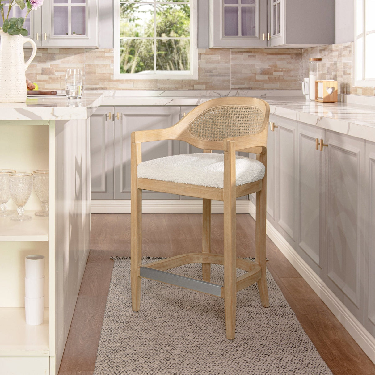Pyrla 26" Upholstered Counter Stool with Curved Cane Back and Wood Legs - Counter Stools