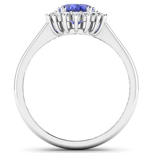 1.92 Carat Genuine Tanzanite and White Diamond 14K White Gold Ring