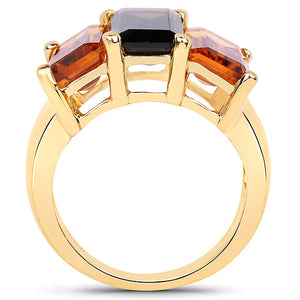 14K Yellow Gold Plated 8.14 Carat Genuine Smoky Quartz, Citrine and Champagne Quartz .925 Sterling Silver Ring