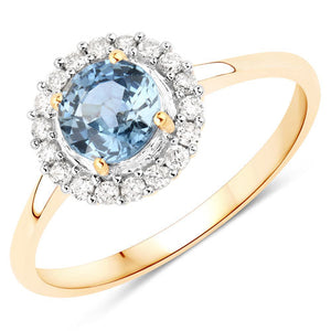 1.03 Carat Genuine Blue Sapphire and White Diamond 14K Yellow Gold Ring