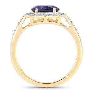 1.79 Carat Genuine Iolite and White Diamond 14K Yellow Gold Ring
