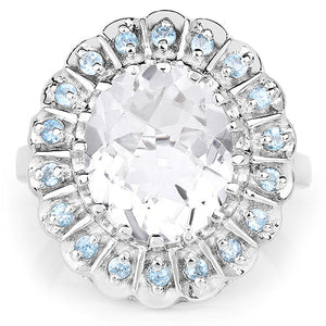 5.90 Carat Genuine Crystal Quartz and Swiss Blue Topaz .925 Sterling Silver Ring