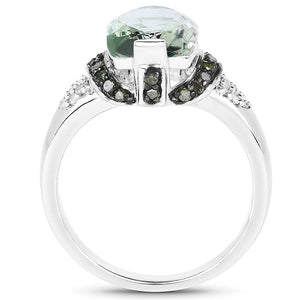 2.92 Carat Genuine Green Amethyst, Green Diamond & White Diamond .925 Sterling Silver Ring