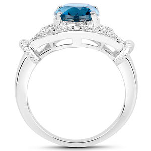 3.26 Carat Genuine London Blue Topaz & White Diamond .925 Sterling Silver Ring