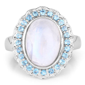 7.21 Carat Genuine White Rainbow Moonstone & Swiss Blue Topaz .925 Sterling Silver Ring