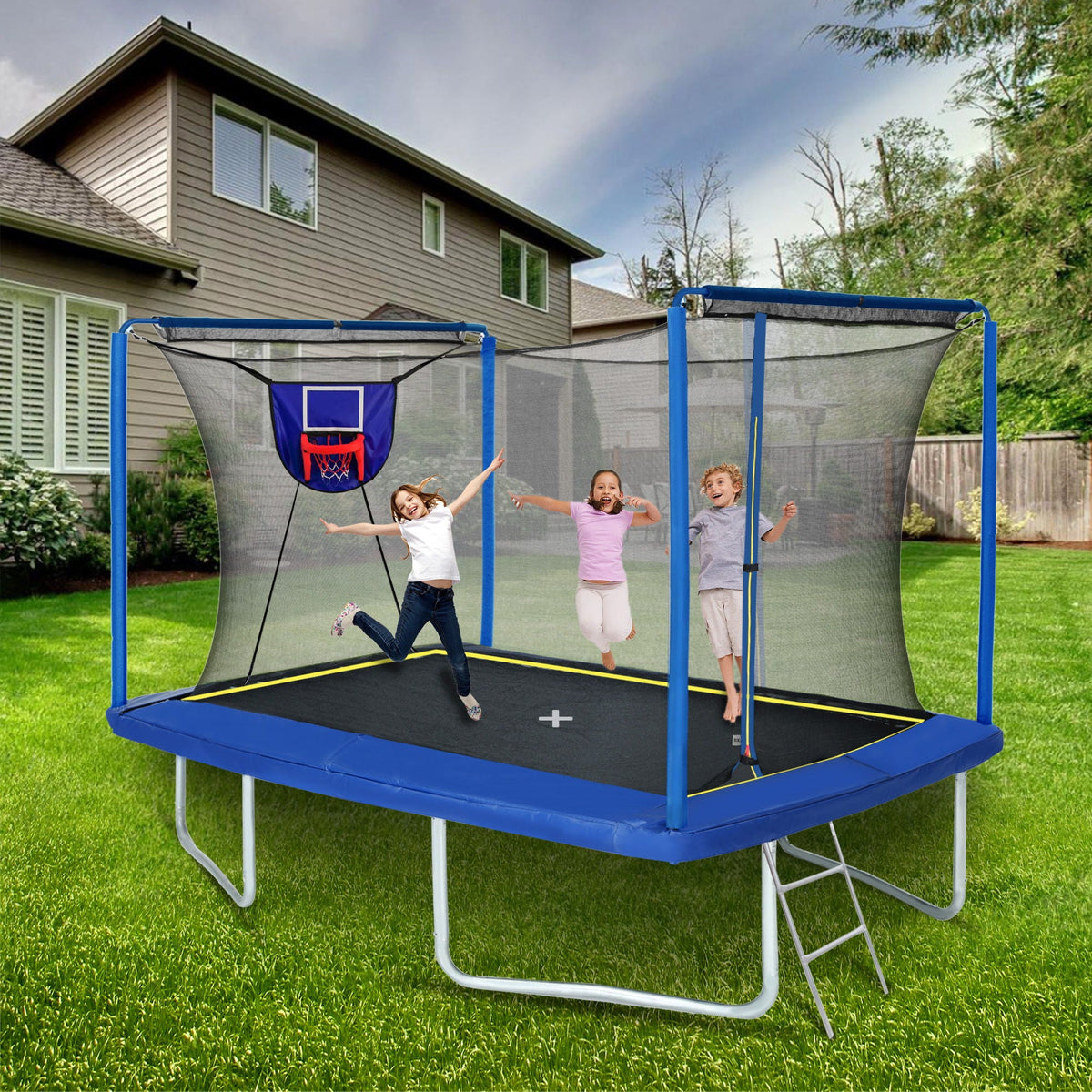 Rectangular Trampoline with Basketball Board and Ladder - view 2