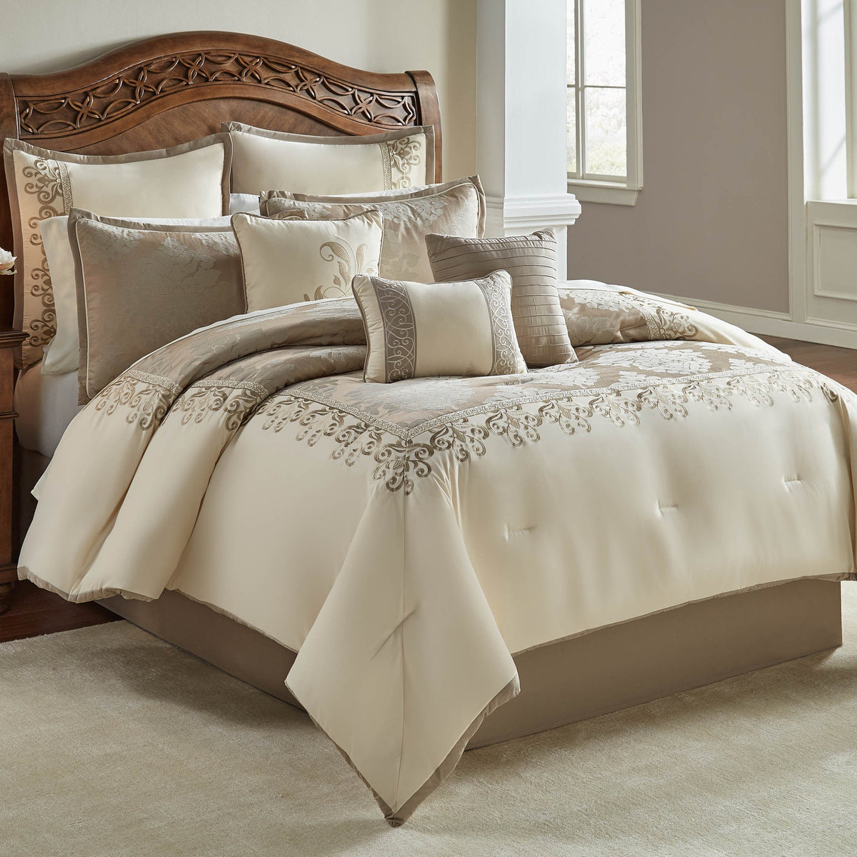 Riverbrook Home Ivory Damask Jacquard Comforter Ensemble with Embroidered Border