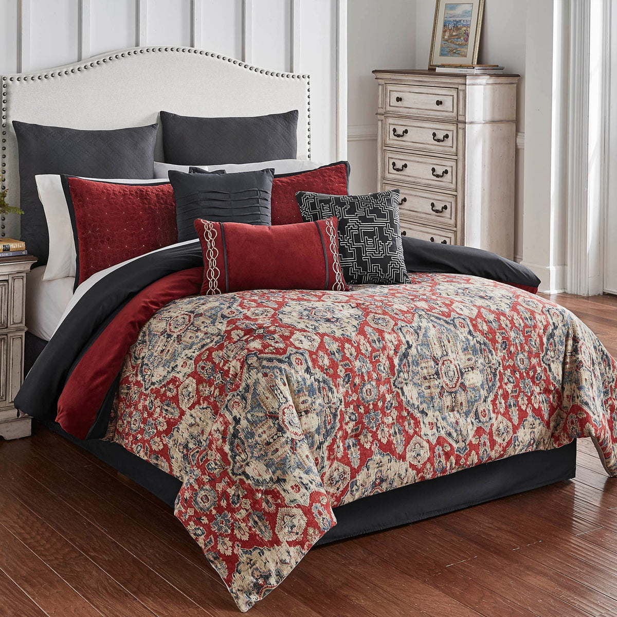 Riverbrook Home Sadler 9-Pc Burgundy & Blue Medallion Comforter Ensemble with Decorative Pillows