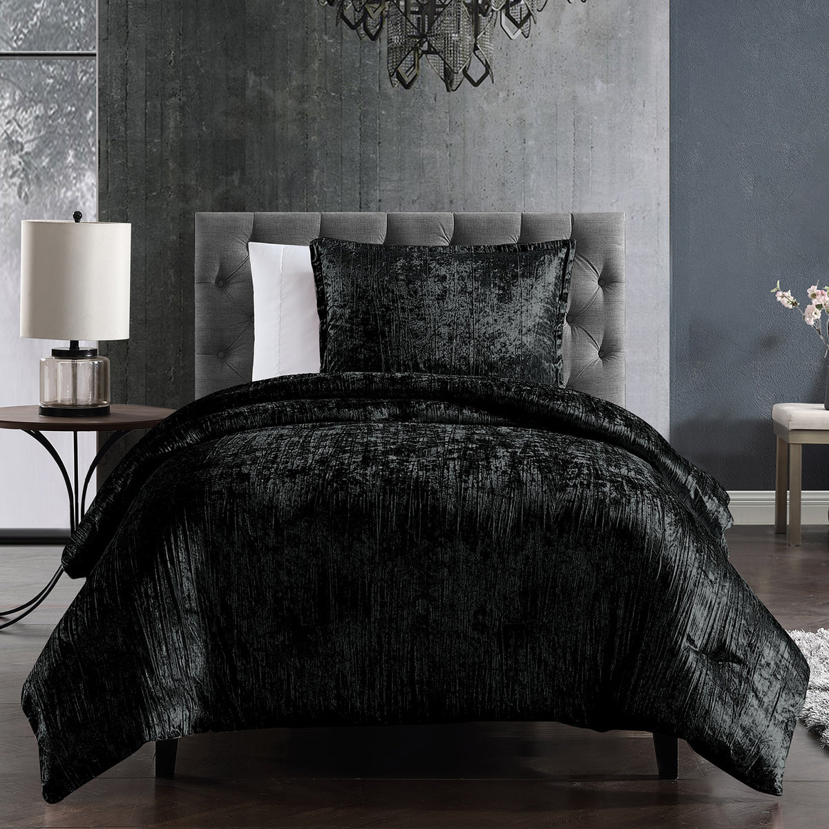 Riverbrook Home Turin 2 Piece Comforter Set with Crinkle Velvet in Black