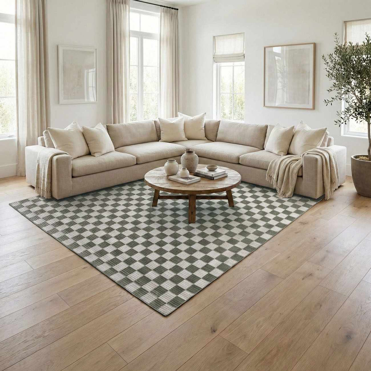 Kaysar Olive Green Checkered Washable Area Rug