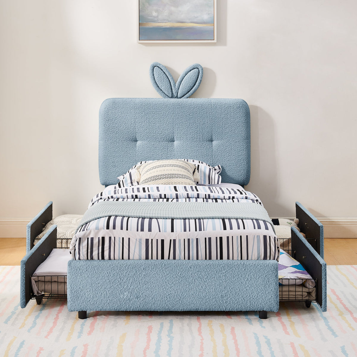 Royal Star Twin Size Kids Upholstered Bed with Rabbit Ear Headboard & Storage - view 8