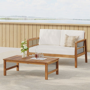 Outdoor Acacia Wood and Iron Loveseat and Coffee Table Set with Cushions, Teak