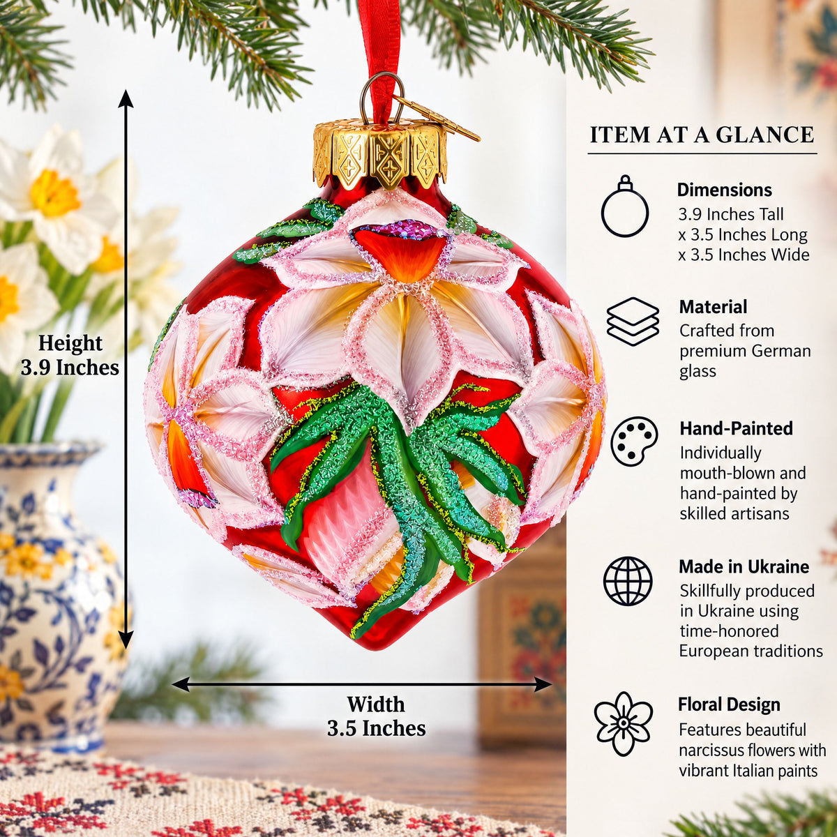 Narcissus Flowers Onion-Shape Finial Glass Christmas Ornament