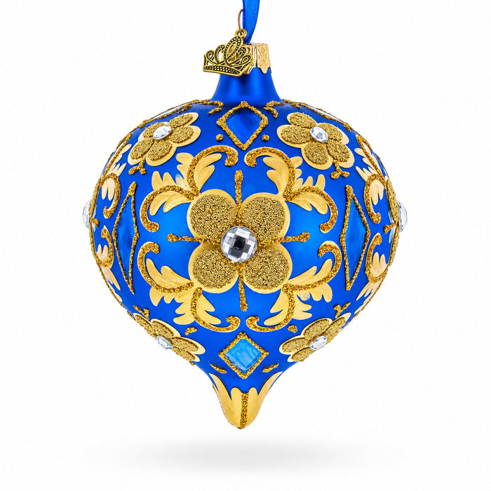 Jeweled Golden Leaves on Blue Onion-Shape Finial Glass Christmas Ornament