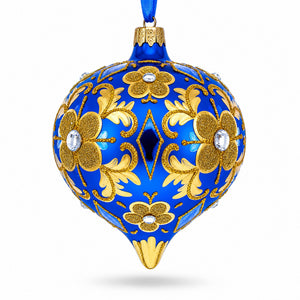 Jeweled Golden Leaves on Blue Onion-Shape Finial Glass Christmas Ornament