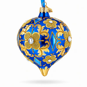 Jeweled Golden Leaves on Blue Onion-Shape Finial Glass Christmas Ornament